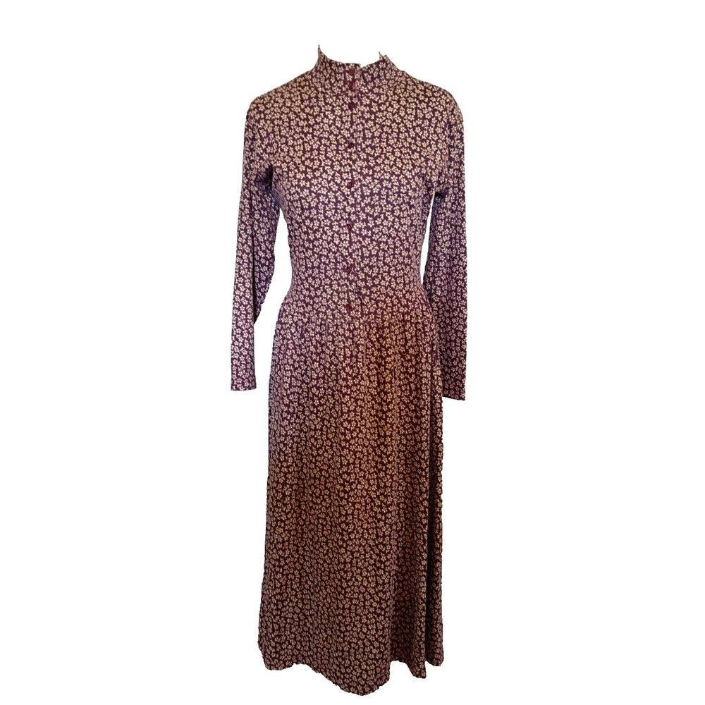 Vtg LL Bean Prairie Style Long Sleeve Button Front Burgundy Floral Midi Dress M